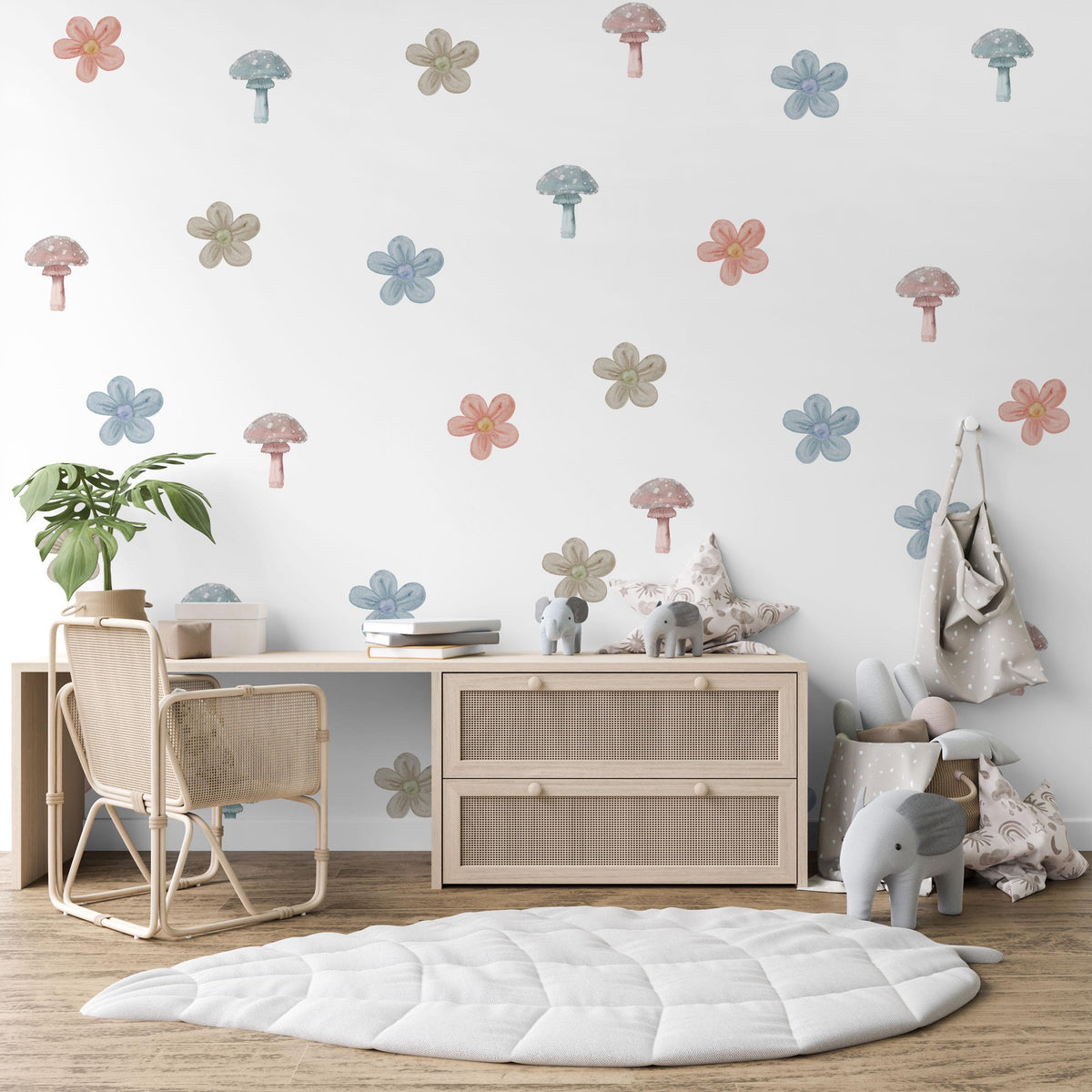 Mushroom Wall Stickers, Boho Flower Nursery Decor, Muted Woodland Wall Decals, Gender Neutral Kids Room Baby Peel and Stick Art