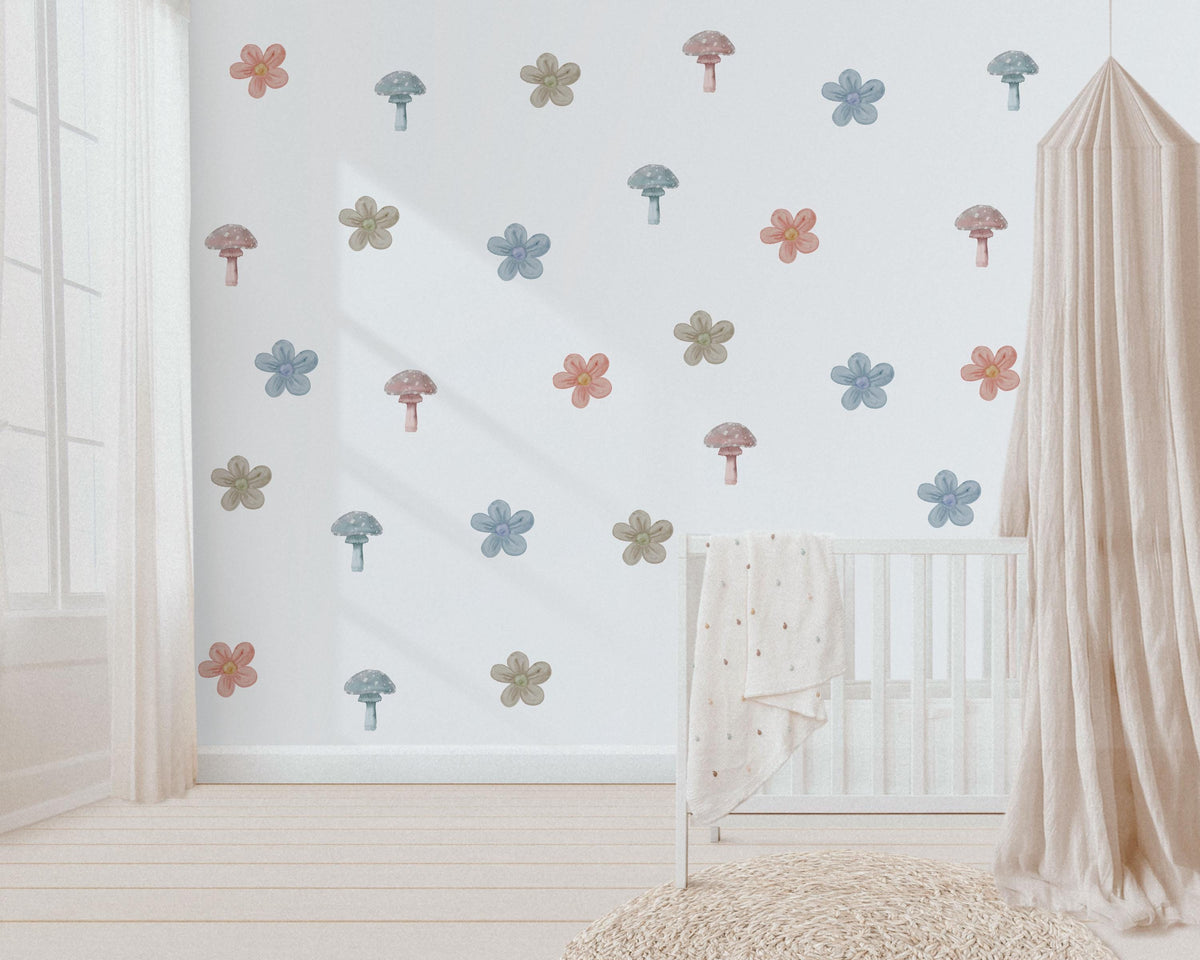 Mushroom Wall Stickers, Boho Flower Nursery Decor, Muted Woodland Wall Decals, Gender Neutral Kids Room Baby Peel and Stick Art