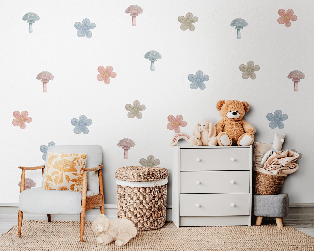 Mushroom Wall Stickers, Boho Flower Nursery Decor, Muted Woodland Wall Decals, Gender Neutral Kids Room Baby Peel and Stick Art
