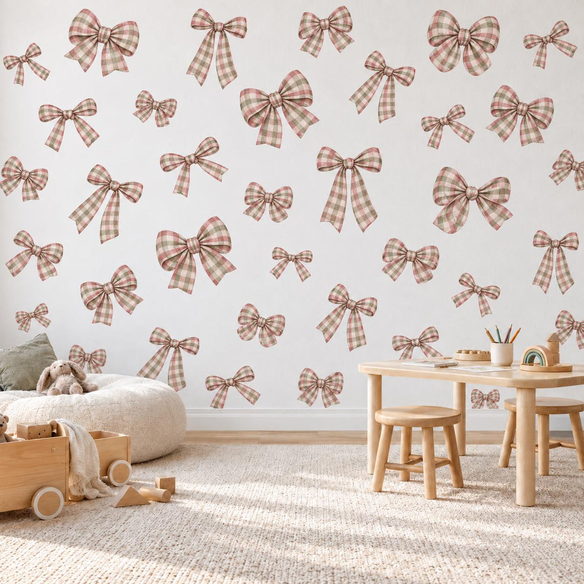 Bow Wall Stickers, Gingham Bow Nursery Decor, Pink Sage Green Bow Wall Decals, Girls Kids Room Coquette Ribbon Peel and Stick Wall Art