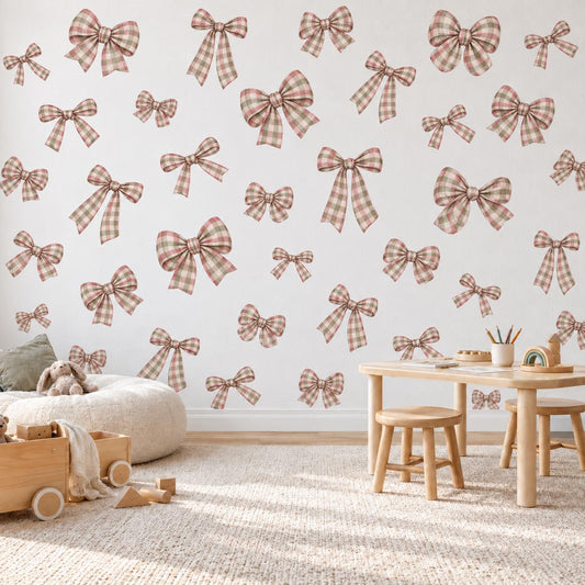 Bow Wall Stickers, Gingham Bow Nursery Decor, Pink Sage Green Bow Wall Decals, Girls Kids Room Coquette Ribbon Peel and Stick Wall Art