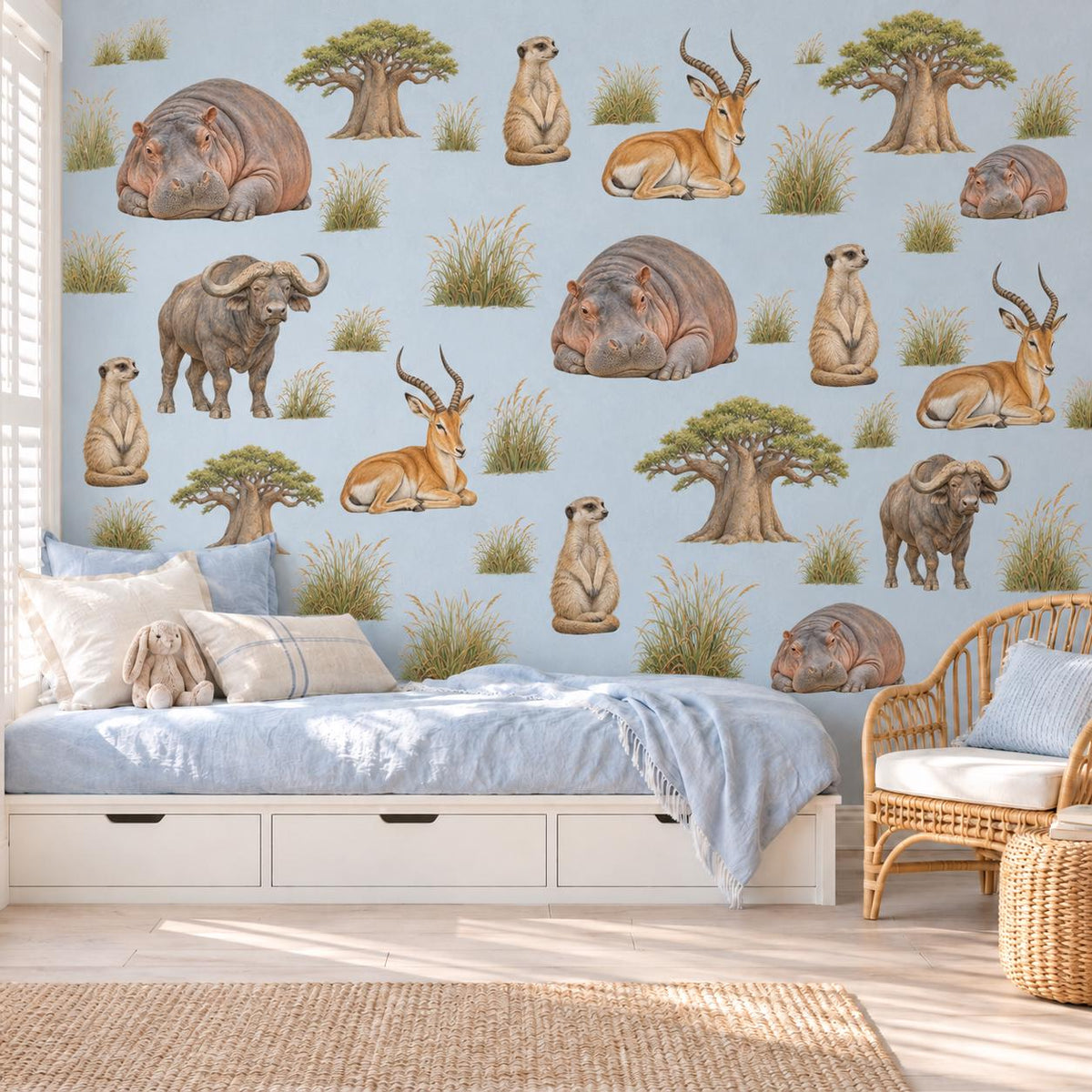 Safari Wall Stickers, African Animal Nursery Decor, Hippo Buffalo Meerkat Wall Decals, Kids Room Savanna Baobab Peel and Stick Wall Art