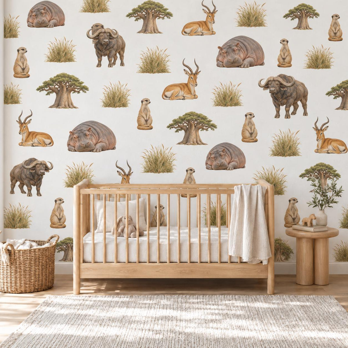 Safari Wall Stickers, African Animal Nursery Decor, Hippo Buffalo Meerkat Wall Decals, Kids Room Savanna Baobab Peel and Stick Wall Art