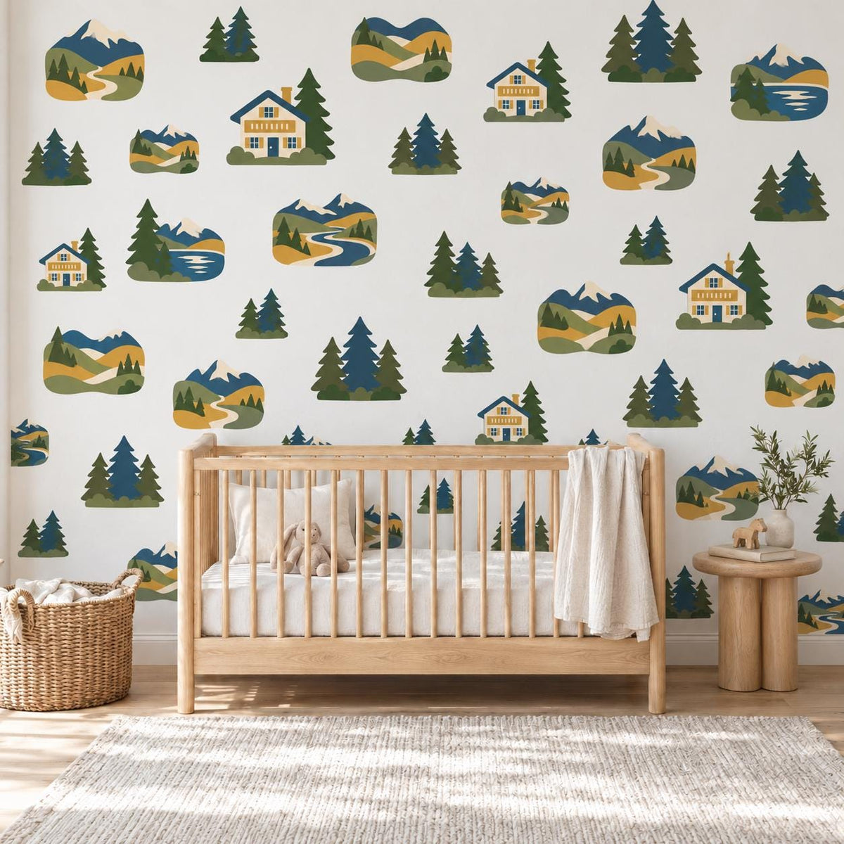 Mountain Wall Stickers, Alpine Nursery Decor, Pine Tree Chalet Wall Decals, Boys Kids Room Adventure Landscape Peel and Stick Wall Art