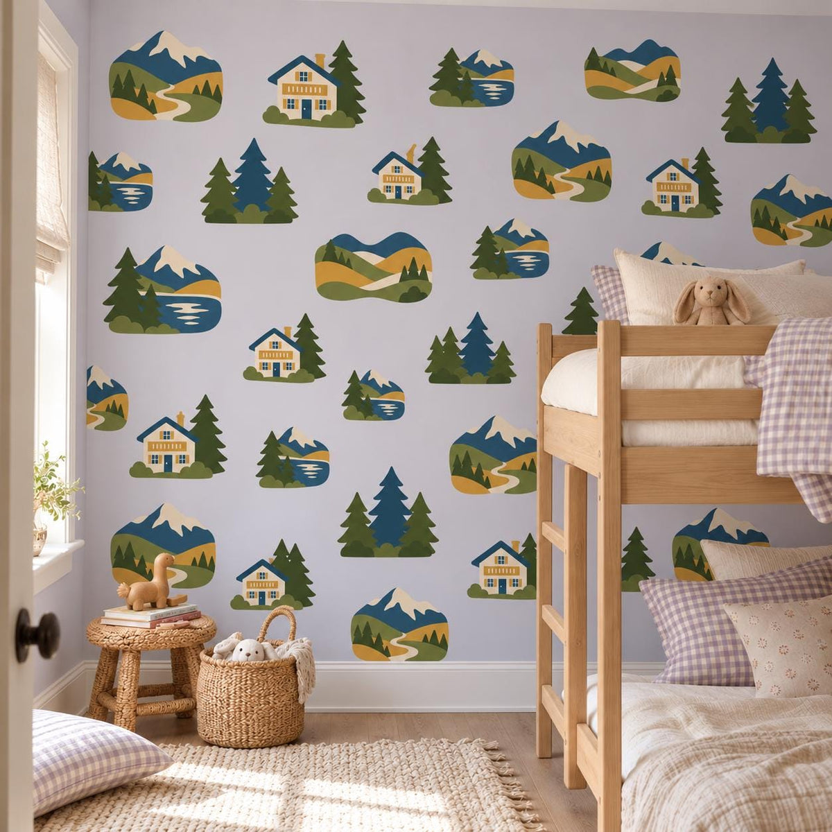 Mountain Wall Stickers, Alpine Nursery Decor, Pine Tree Chalet Wall Decals, Boys Kids Room Adventure Landscape Peel and Stick Wall Art