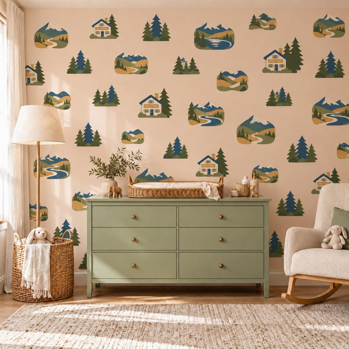 Mountain Wall Stickers, Alpine Nursery Decor, Pine Tree Chalet Wall Decals, Boys Kids Room Adventure Landscape Peel and Stick Wall Art