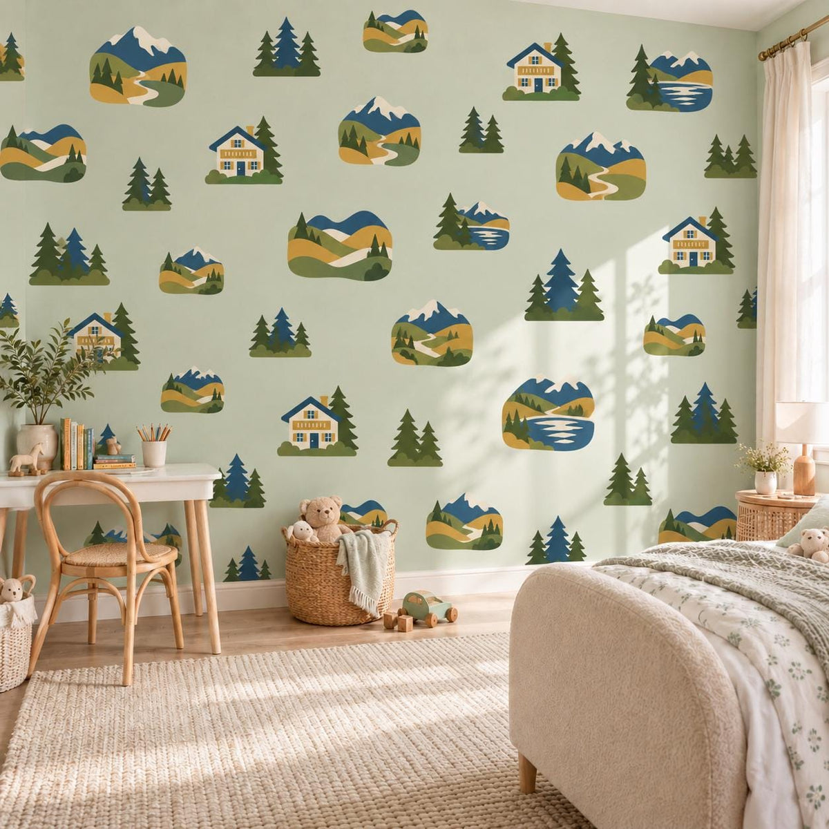 Mountain Wall Stickers, Alpine Nursery Decor, Pine Tree Chalet Wall Decals, Boys Kids Room Adventure Landscape Peel and Stick Wall Art