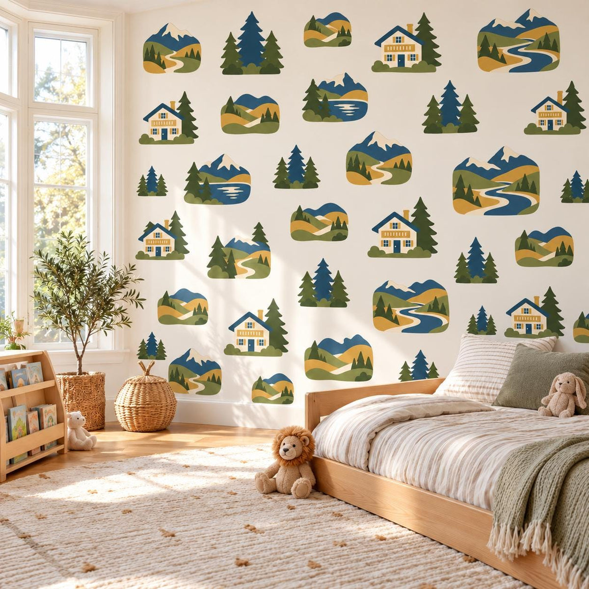 Mountain Wall Stickers, Alpine Nursery Decor, Pine Tree Chalet Wall Decals, Boys Kids Room Adventure Landscape Peel and Stick Wall Art