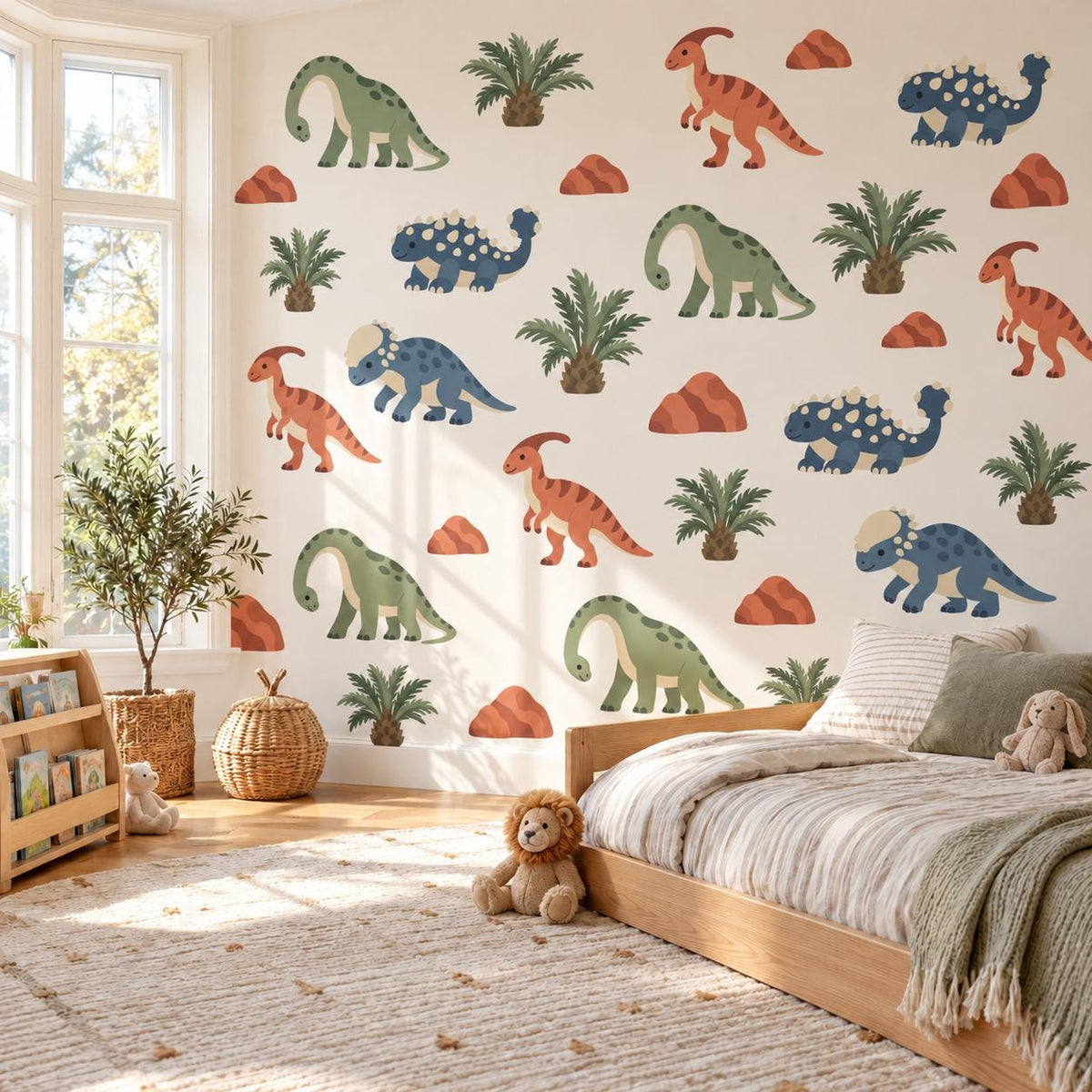 Dinosaur Wall Stickers, Dino Nursery Decor, Blue Green Orange Dinosaur Wall Decals, Boys Kids Room Jurassic Peel and Stick Wall Art