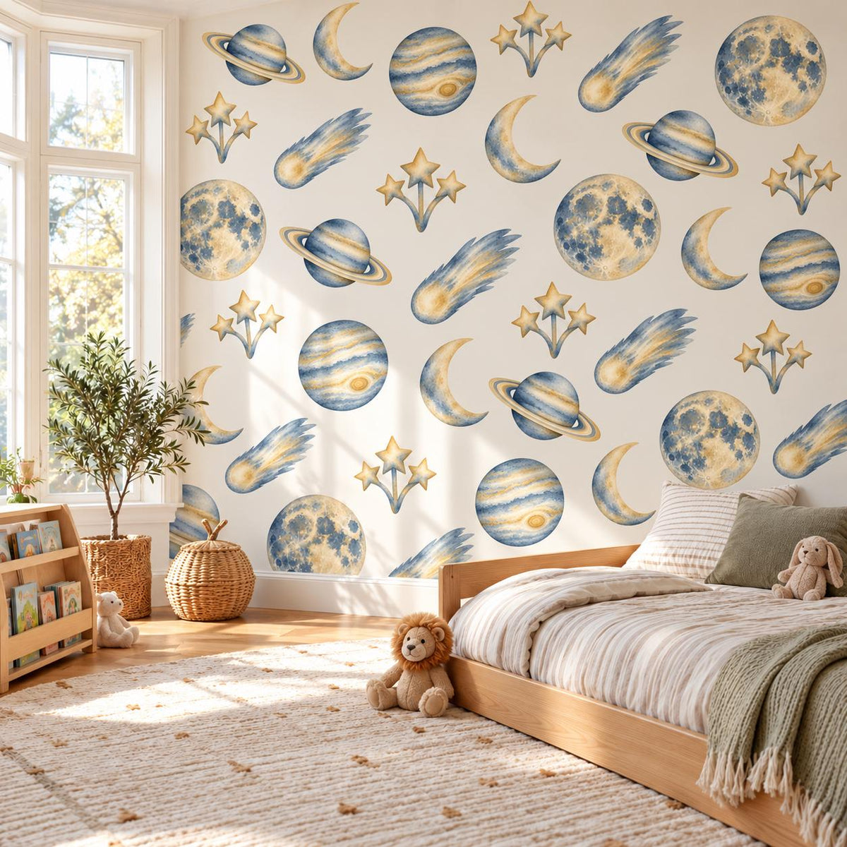 Space Wall Stickers, Celestial Nursery Decor, Moon Planet Star Wall Decals, Kids Room Navy Gold Galaxy Peel and Stick Wall Art