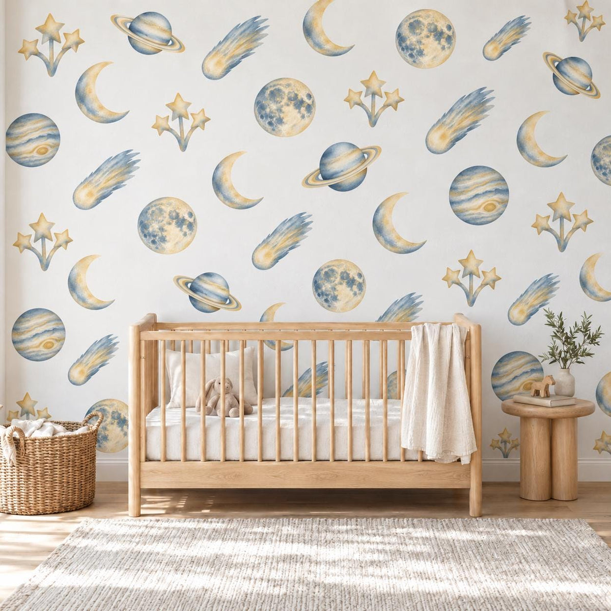 Space Wall Stickers, Celestial Nursery Decor, Moon Planet Star Wall Decals, Kids Room Navy Gold Galaxy Peel and Stick Wall Art