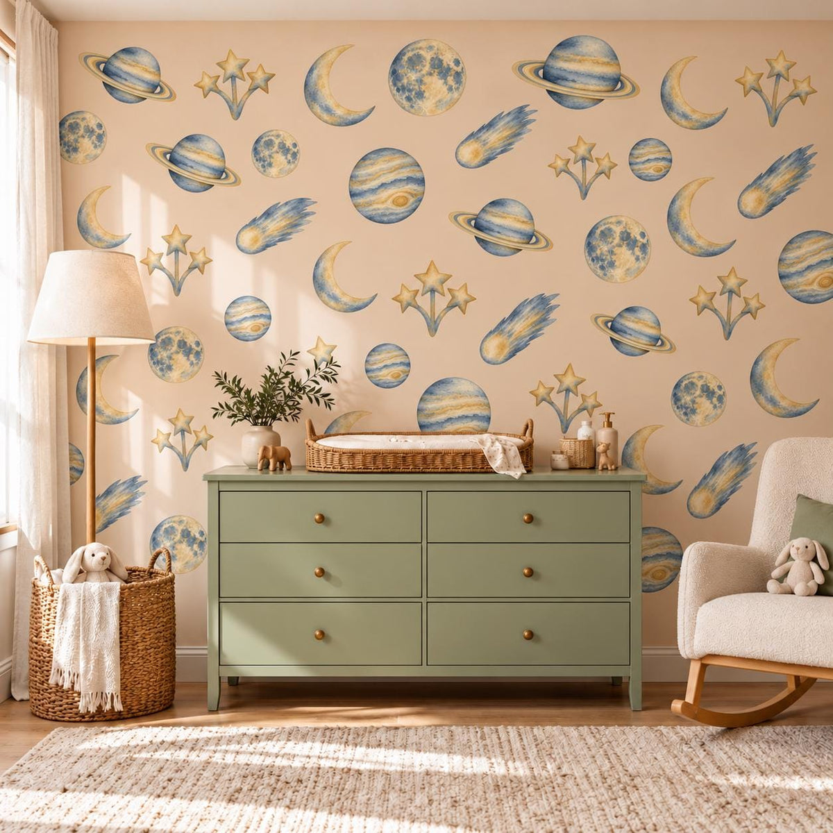 Space Wall Stickers, Celestial Nursery Decor, Moon Planet Star Wall Decals, Kids Room Navy Gold Galaxy Peel and Stick Wall Art