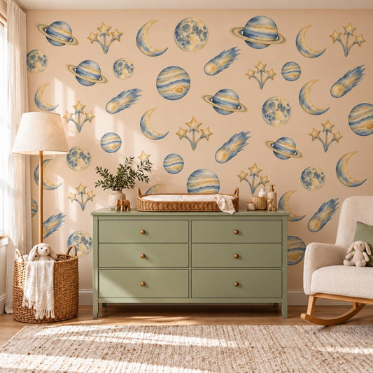 Space Wall Stickers, Celestial Nursery Decor, Moon Planet Star Wall Decals, Kids Room Navy Gold Galaxy Peel and Stick Wall Art