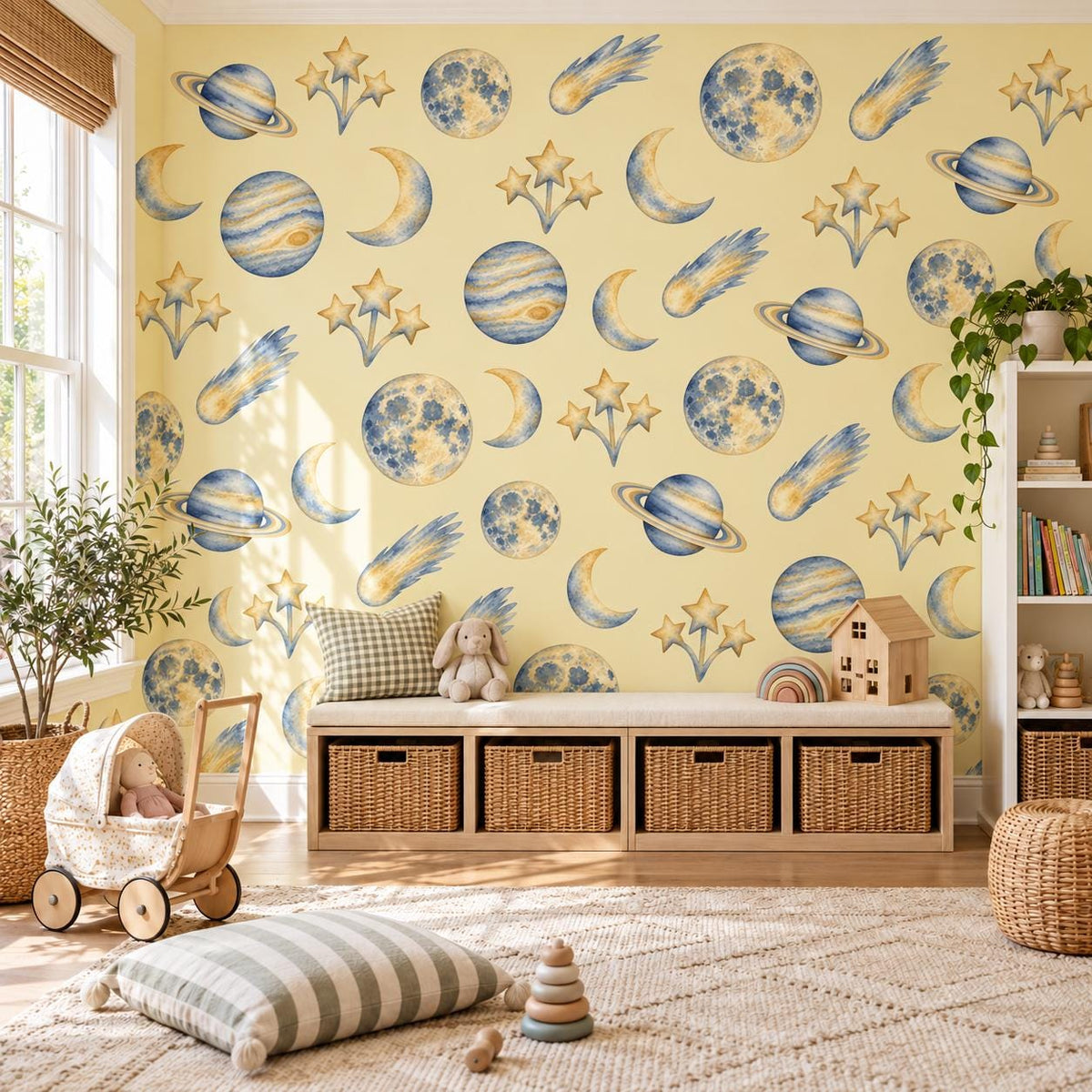 Space Wall Stickers, Celestial Nursery Decor, Moon Planet Star Wall Decals, Kids Room Navy Gold Galaxy Peel and Stick Wall Art