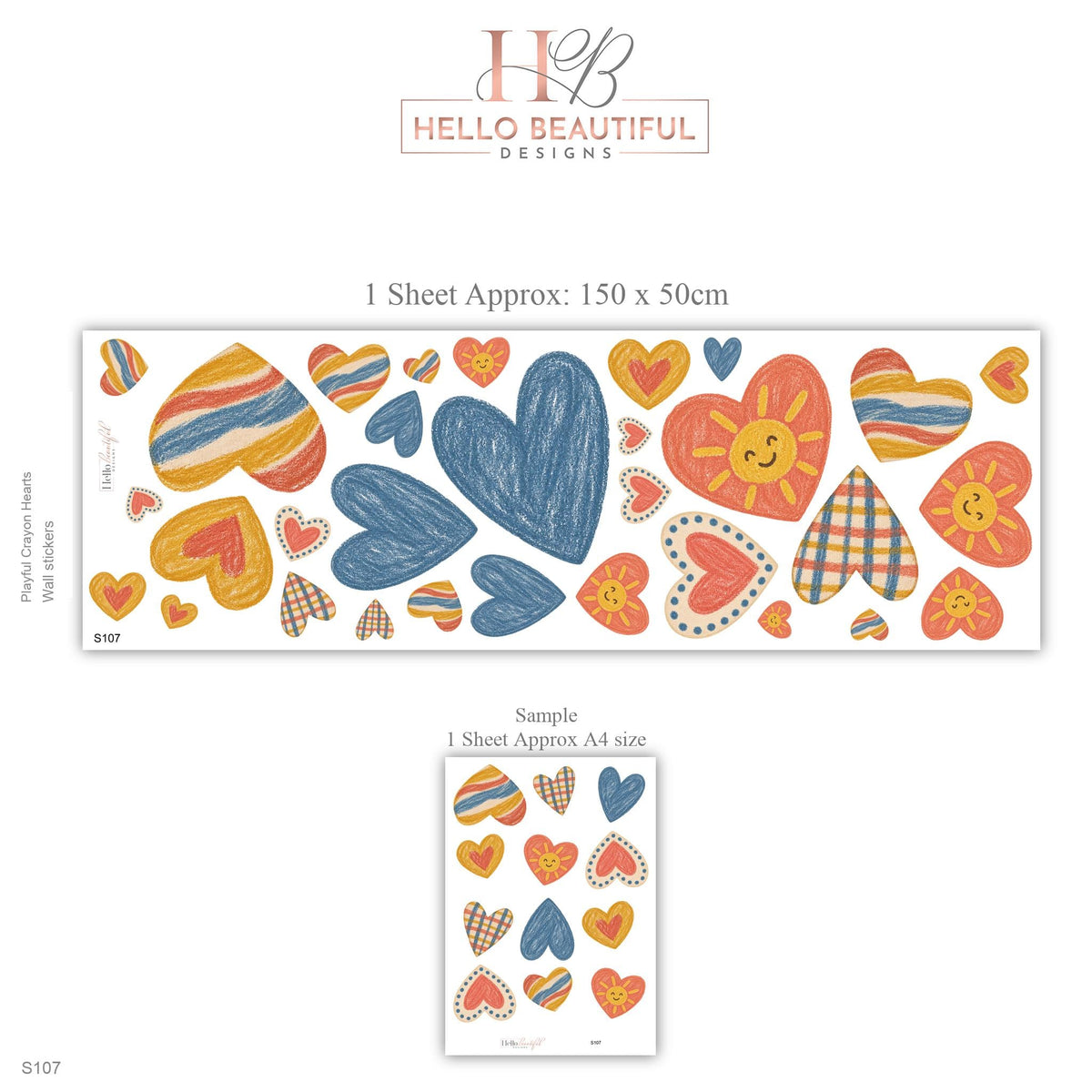 Heart Wall Stickers, Crayon Heart Nursery Decor, Rainbow Gingham Heart Wall Decals, Kids Room Navy Mustard Coral Peel and Stick Wall Art