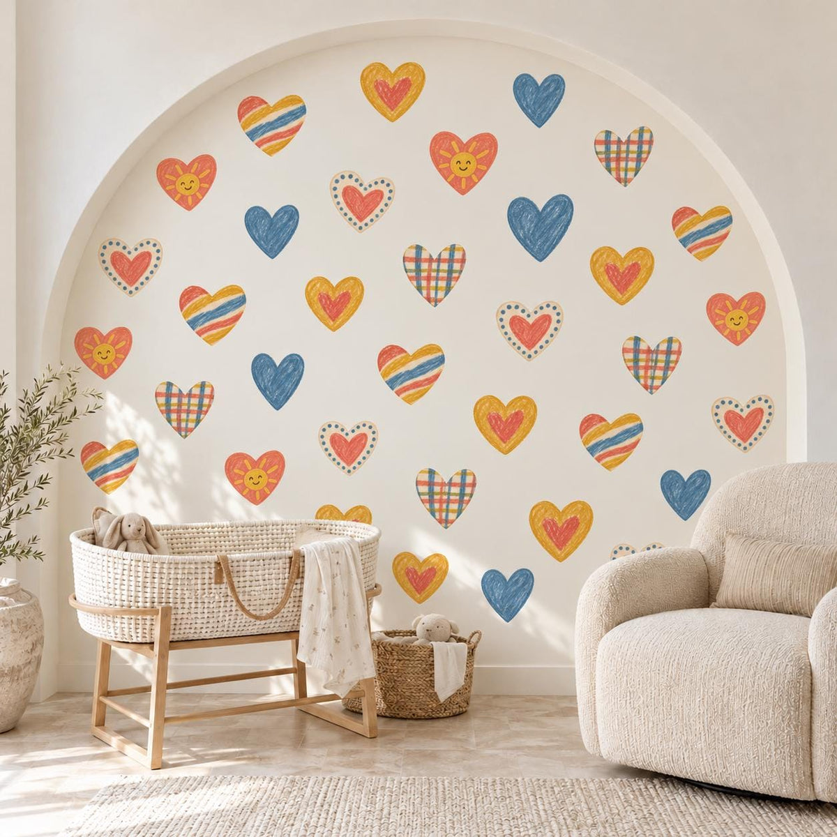 Heart Wall Stickers, Crayon Heart Nursery Decor, Rainbow Gingham Heart Wall Decals, Kids Room Navy Mustard Coral Peel and Stick Wall Art