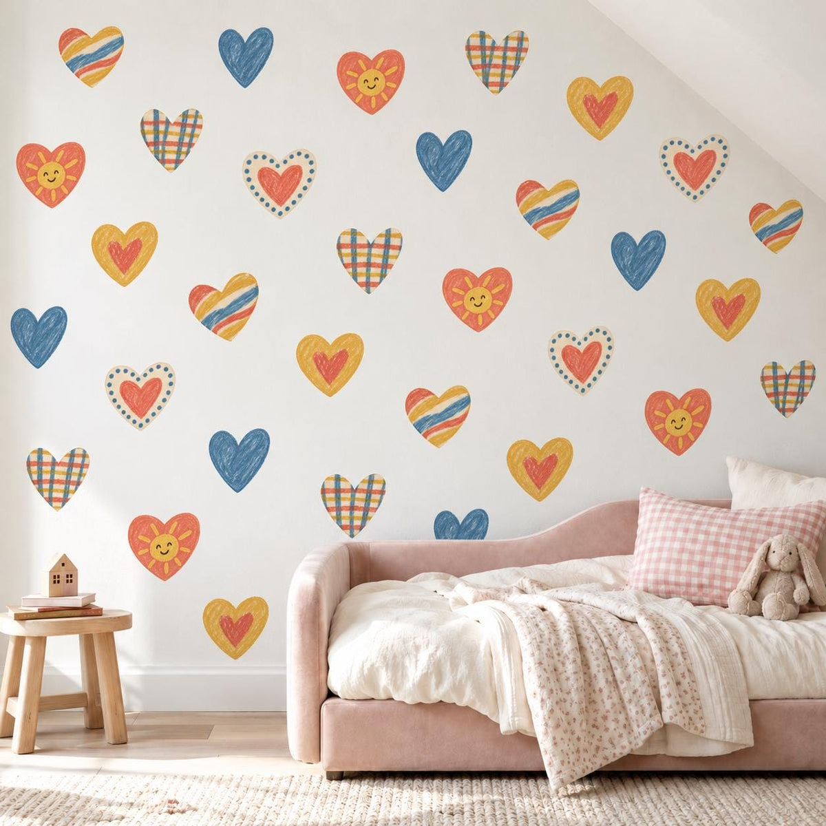 Heart Wall Stickers, Crayon Heart Nursery Decor, Rainbow Gingham Heart Wall Decals, Kids Room Navy Mustard Coral Peel and Stick Wall Art