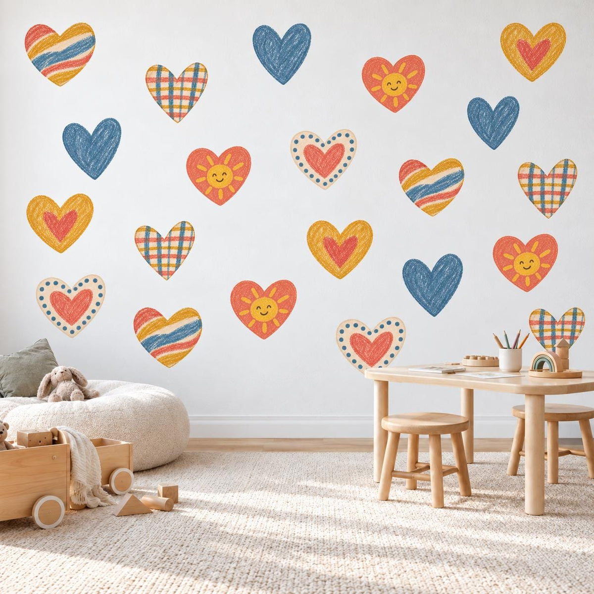 Heart Wall Stickers, Crayon Heart Nursery Decor, Rainbow Gingham Heart Wall Decals, Kids Room Navy Mustard Coral Peel and Stick Wall Art