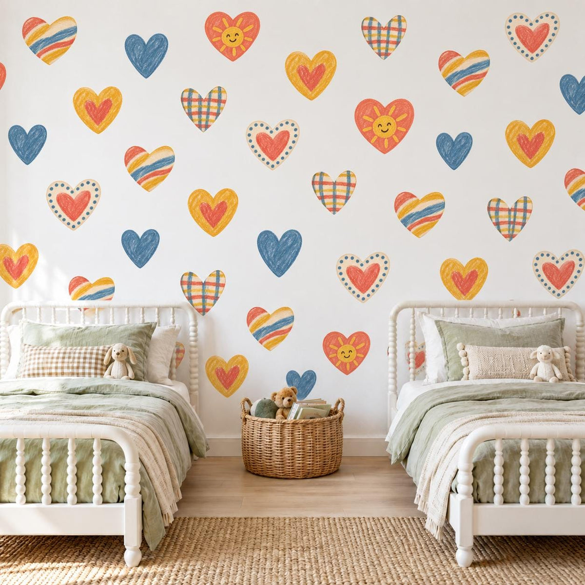 Heart Wall Stickers, Crayon Heart Nursery Decor, Rainbow Gingham Heart Wall Decals, Kids Room Navy Mustard Coral Peel and Stick Wall Art