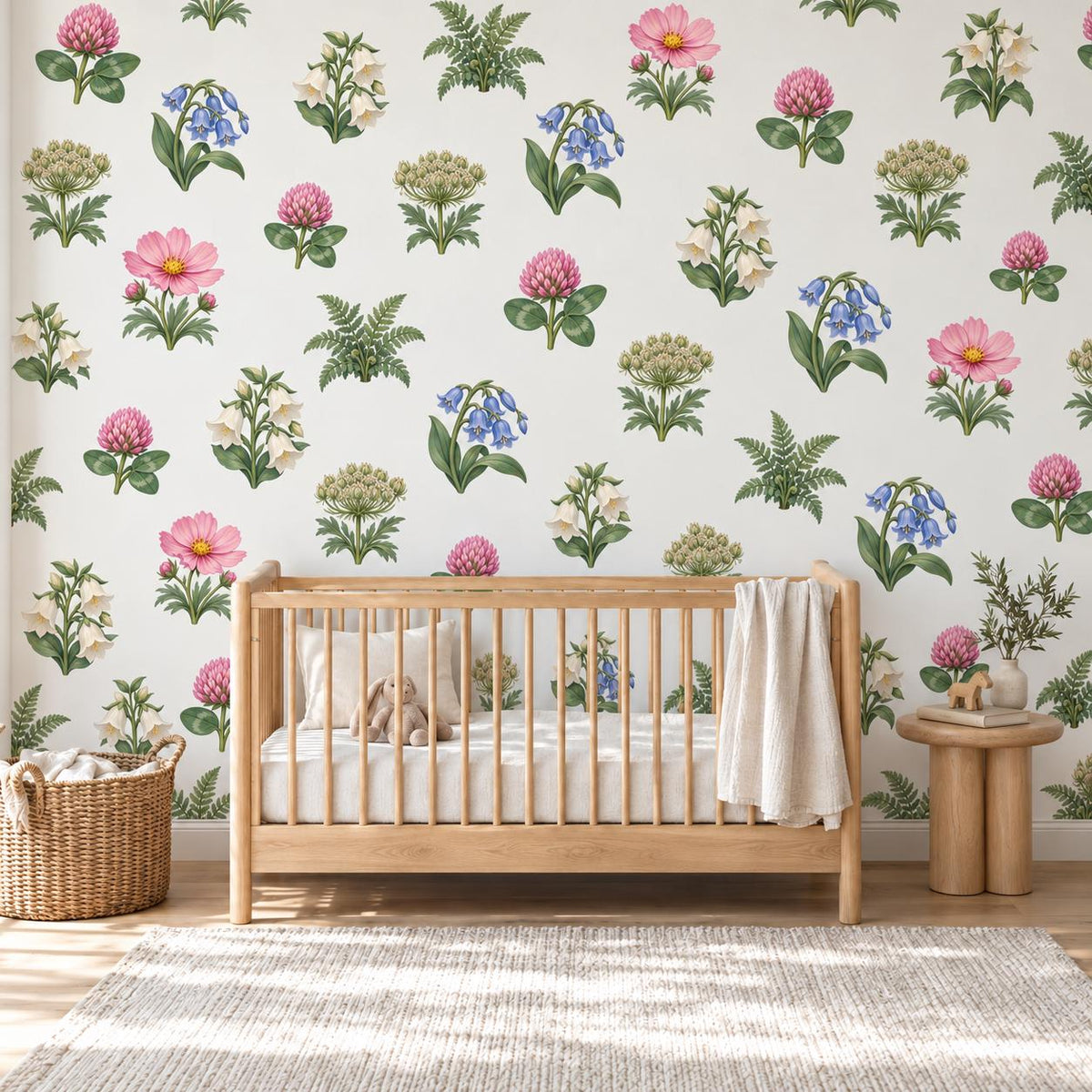 Wildflower Wall Stickers, Floral Nursery Decor, Bluebell Cosmos Clover Wall Decals, Girls Kids Room Botanical Peel and Stick Wall Art