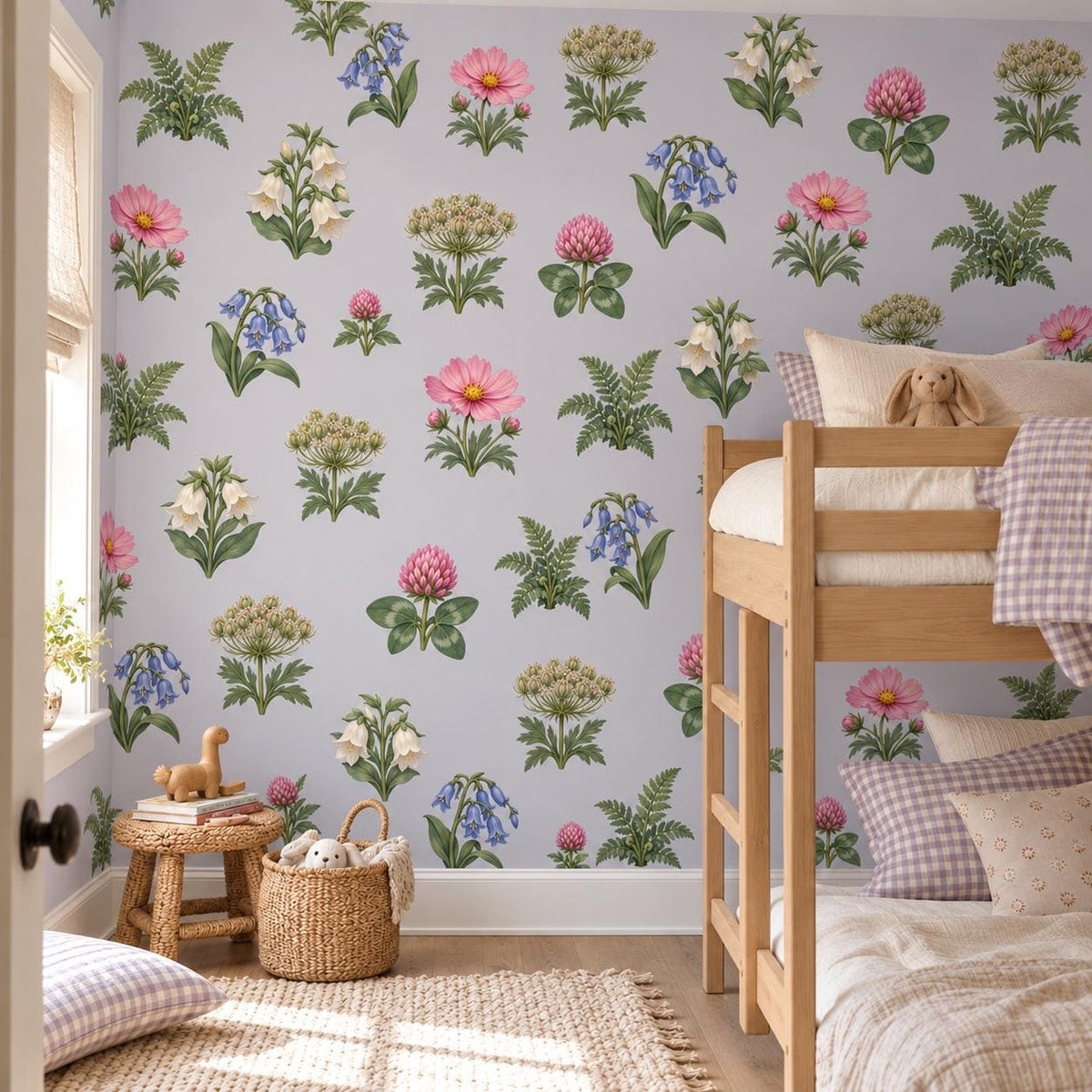 Wildflower Wall Stickers, Floral Nursery Decor, Bluebell Cosmos Clover Wall Decals, Girls Kids Room Botanical Peel and Stick Wall Art