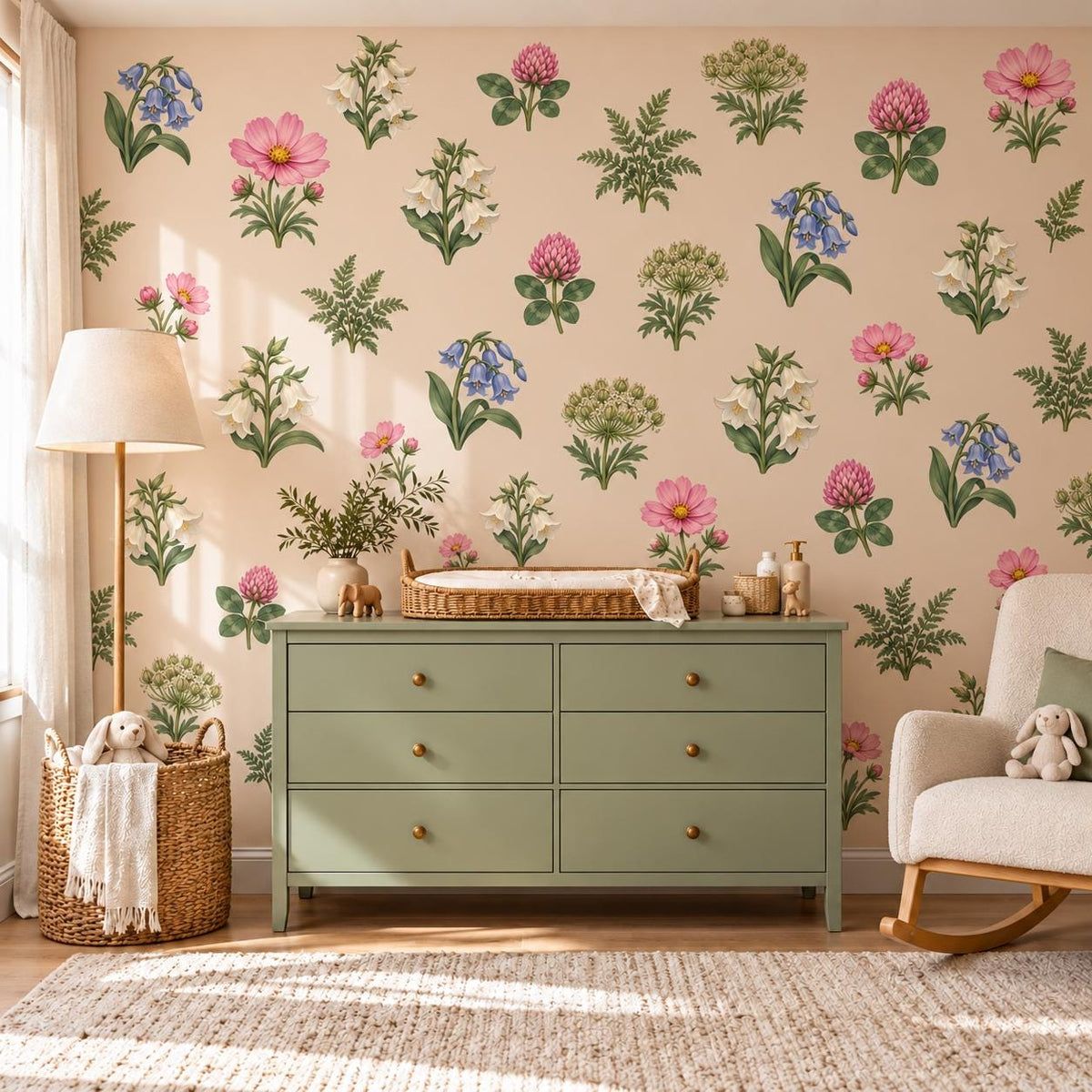 Wildflower Wall Stickers, Floral Nursery Decor, Bluebell Cosmos Clover Wall Decals, Girls Kids Room Botanical Peel and Stick Wall Art