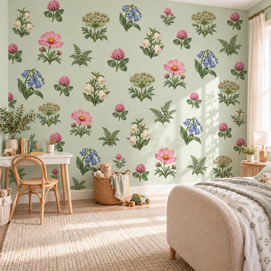 Wildflower Wall Stickers, Floral Nursery Decor, Bluebell Cosmos Clover Wall Decals, Girls Kids Room Botanical Peel and Stick Wall Art