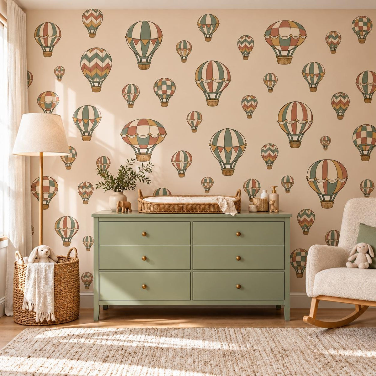 Hot Air Balloon Wall Stickers, Balloon Nursery Decor, Vintage Travel Wall Decals, Kids Room Sage Terracotta Mustard Peel and Stick Wall Art