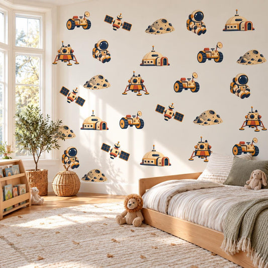 Astronaut Wall Stickers, Space Nursery Decor, Moon Lander Rover Satellite Wall Decals, Boys Kids Room Navy Mustard Peel and Stick Wall Art