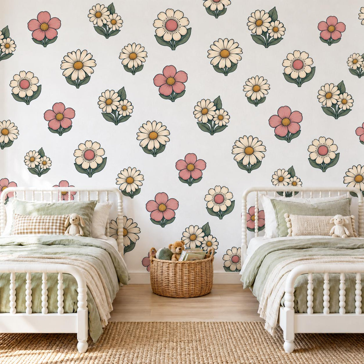 Daisy Wall Stickers, Retro Flower Nursery Decor, Pink Cream Daisy Wall Decals, Girls Kids Room Boho Floral Peel and Stick Wall Art