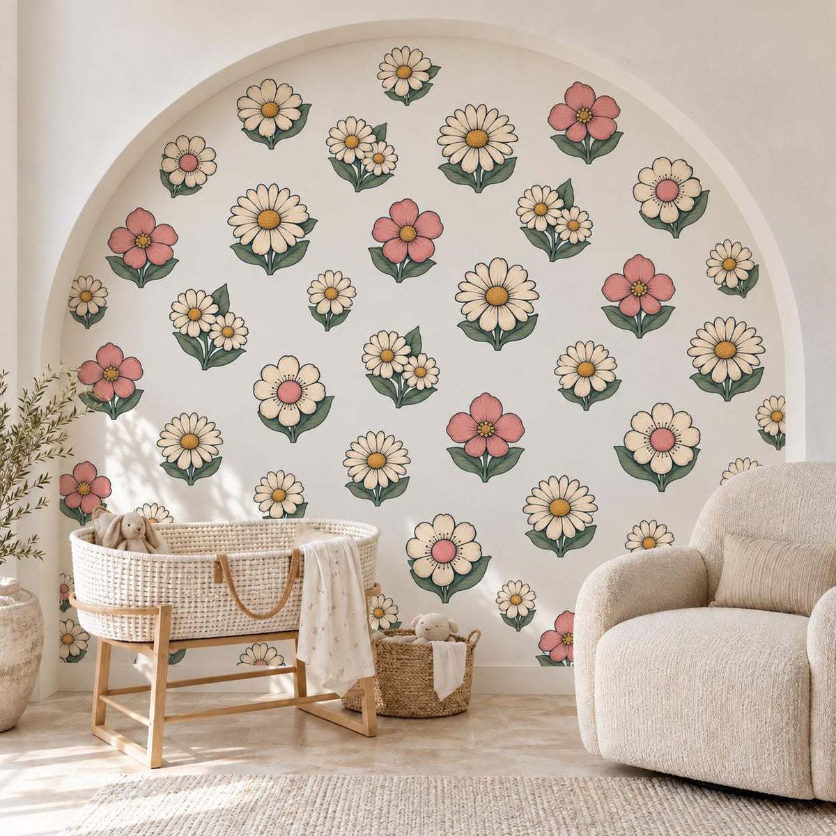 Daisy Wall Stickers, Retro Flower Nursery Decor, Pink Cream Daisy Wall Decals, Girls Kids Room Boho Floral Peel and Stick Wall Art