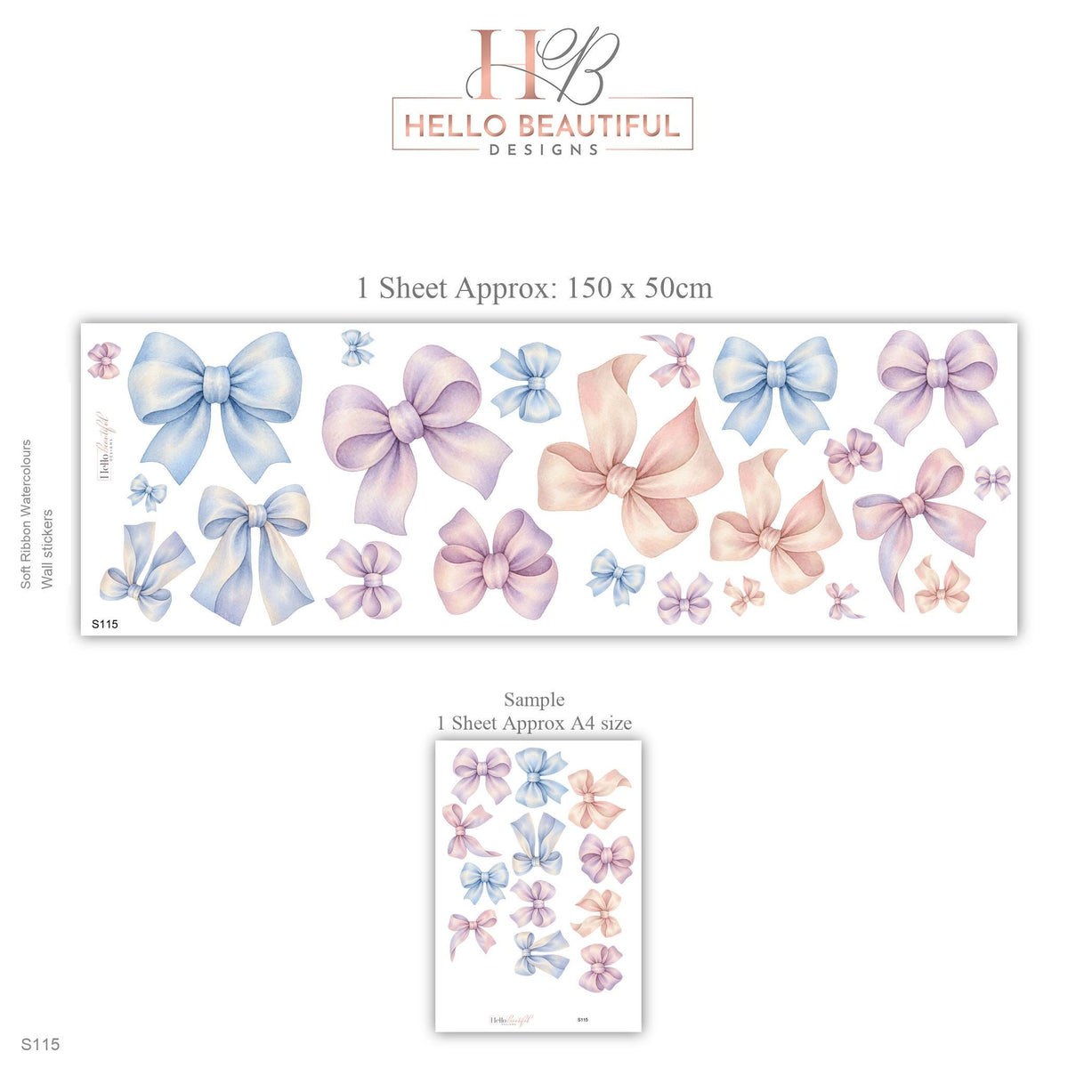 Bow Wall Stickers, Pastel Bow Nursery Decor, Watercolour Ribbon Wall Decals, Girls Room Pink Blue Lilac Coquette Peel and Stick Wall Art