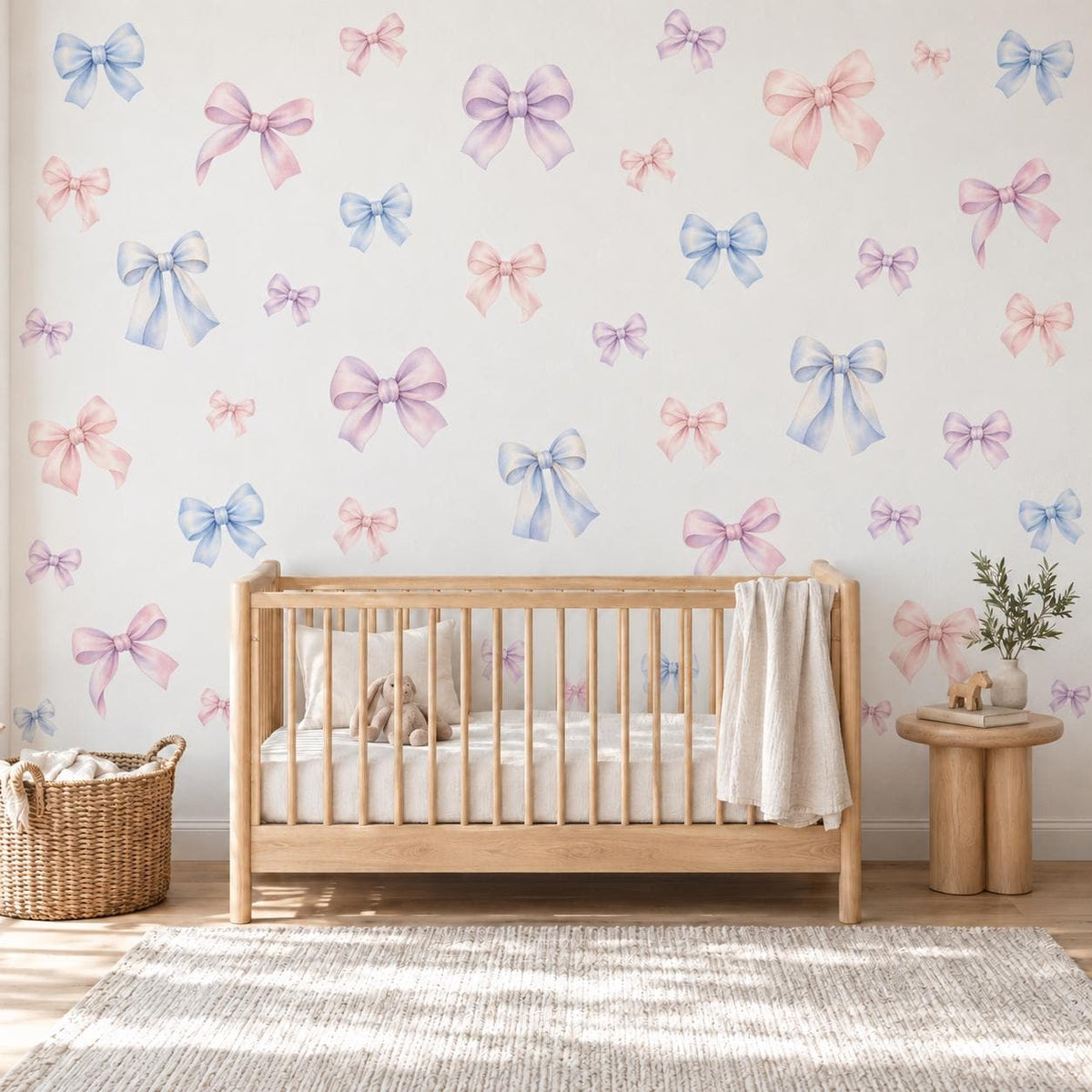 Bow Wall Stickers, Pastel Bow Nursery Decor, Watercolour Ribbon Wall Decals, Girls Room Pink Blue Lilac Coquette Peel and Stick Wall Art