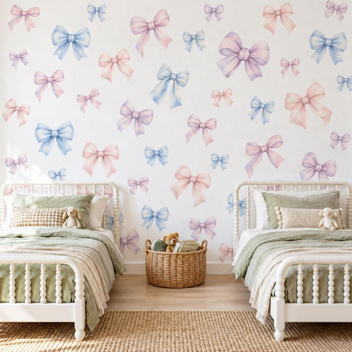 Bow Wall Stickers, Pastel Bow Nursery Decor, Watercolour Ribbon Wall Decals, Girls Room Pink Blue Lilac Coquette Peel and Stick Wall Art