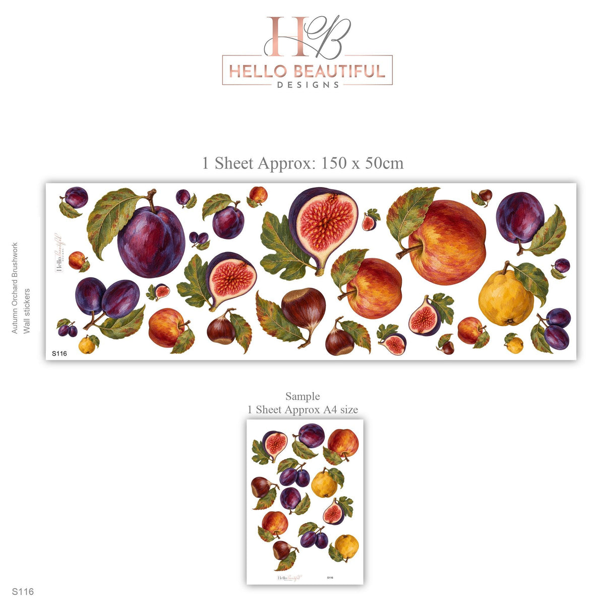 Fruit Wall Stickers, Autumn Orchard Nursery Decor, Plum Fig Apple Pear Wall Decals, Kids Room Vintage Botanical Peel and Stick Wall Art