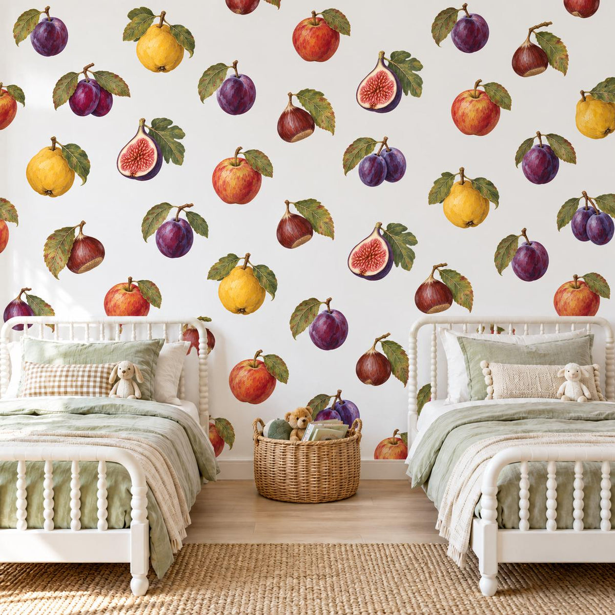 Fruit Wall Stickers, Autumn Orchard Nursery Decor, Plum Fig Apple Pear Wall Decals, Kids Room Vintage Botanical Peel and Stick Wall Art