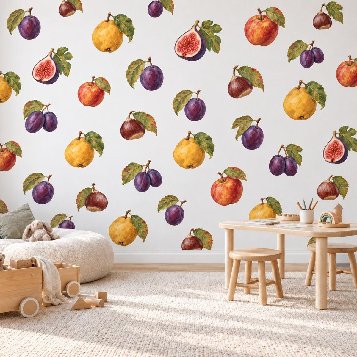 Fruit Wall Stickers, Autumn Orchard Nursery Decor, Plum Fig Apple Pear Wall Decals, Kids Room Vintage Botanical Peel and Stick Wall Art