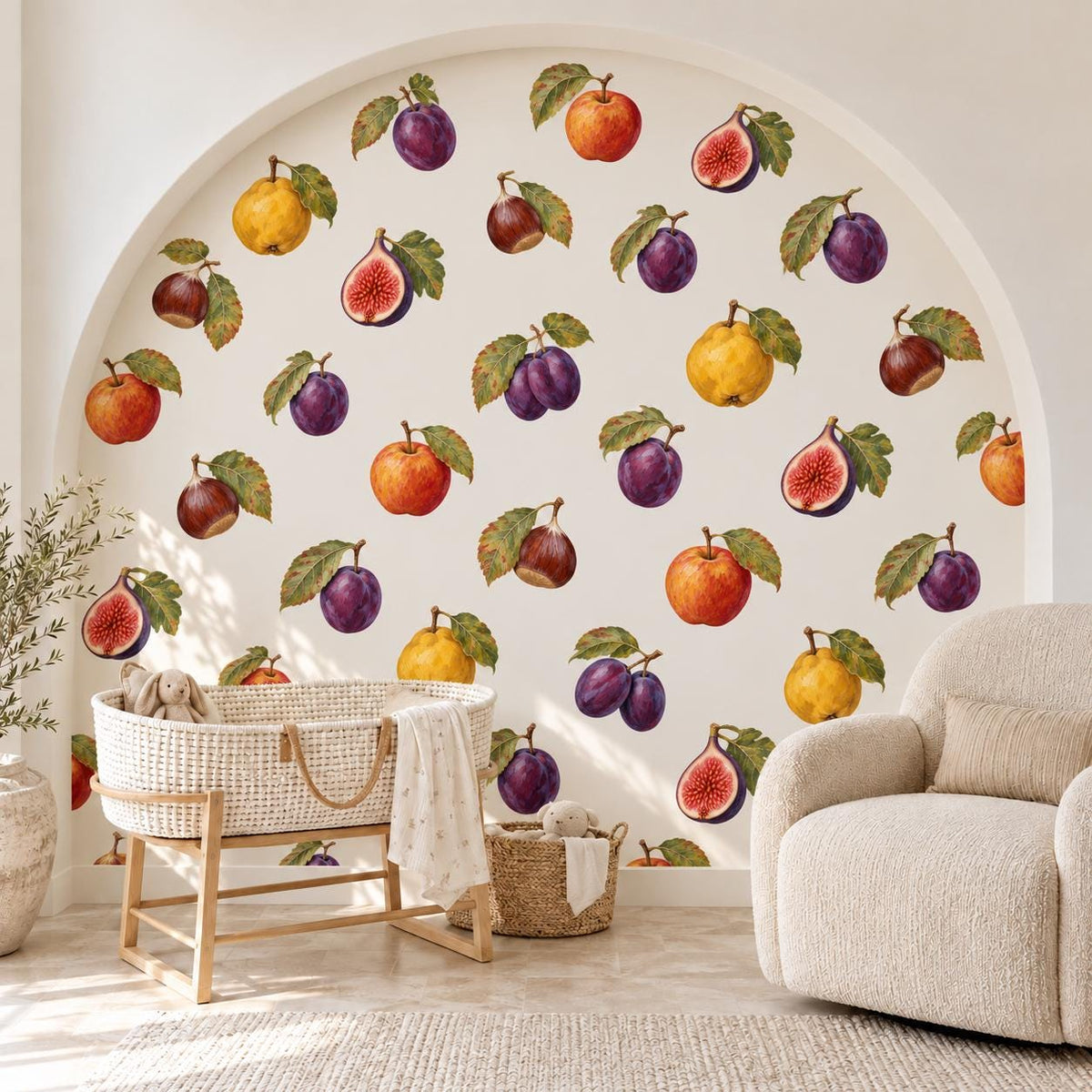 Fruit Wall Stickers, Autumn Orchard Nursery Decor, Plum Fig Apple Pear Wall Decals, Kids Room Vintage Botanical Peel and Stick Wall Art