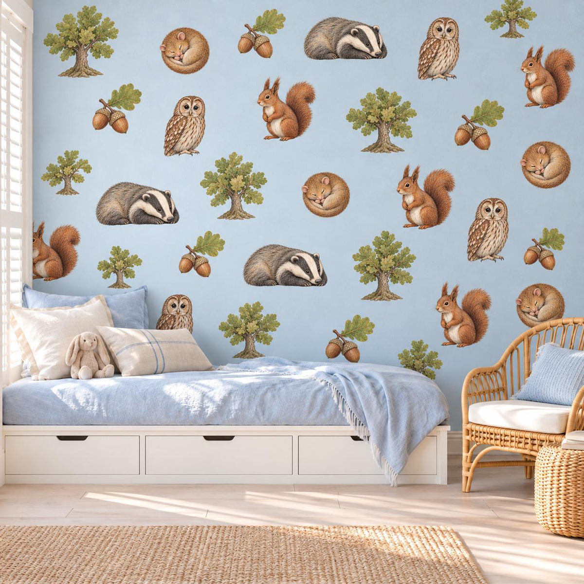 Woodland Animal Wall Stickers, Forest Nursery Decor, Badger Squirrel Owl Wall Decals, Kids Room Oak Tree Acorn Peel and Stick Wall Art
