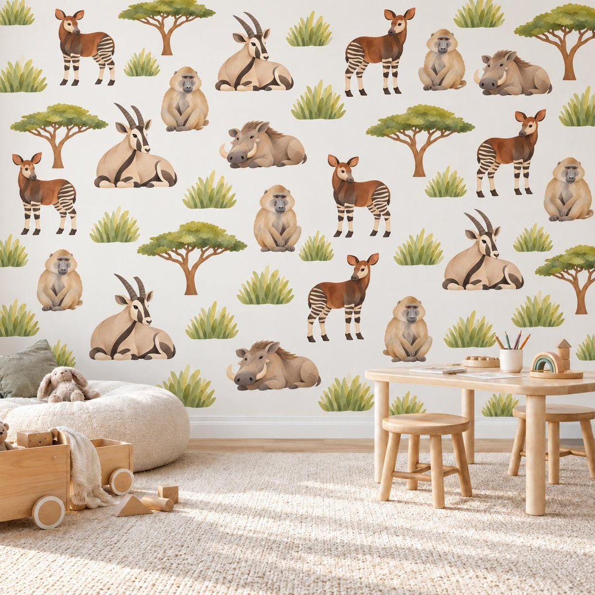 Safari Animal Wall Stickers, Savanna Nursery Decor, Okapi Baboon Warthog Wall Decals, Kids Room Watercolour Acacia Peel and Stick Wall Art