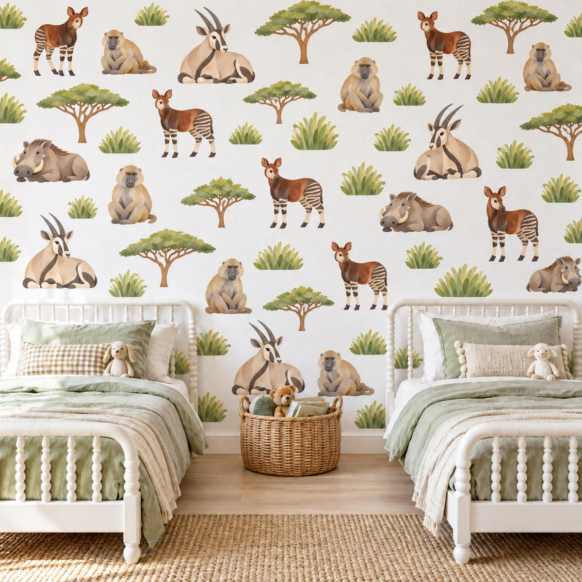 Safari Animal Wall Stickers, Savanna Nursery Decor, Okapi Baboon Warthog Wall Decals, Kids Room Watercolour Acacia Peel and Stick Wall Art