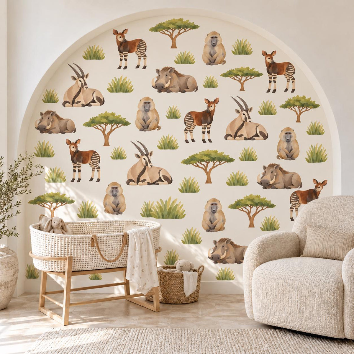 Safari Animal Wall Stickers, Savanna Nursery Decor, Okapi Baboon Warthog Wall Decals, Kids Room Watercolour Acacia Peel and Stick Wall Art