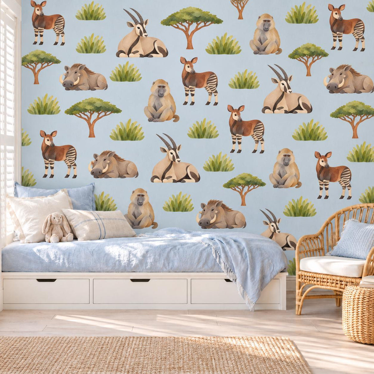 Safari Animal Wall Stickers, Savanna Nursery Decor, Okapi Baboon Warthog Wall Decals, Kids Room Watercolour Acacia Peel and Stick Wall Art