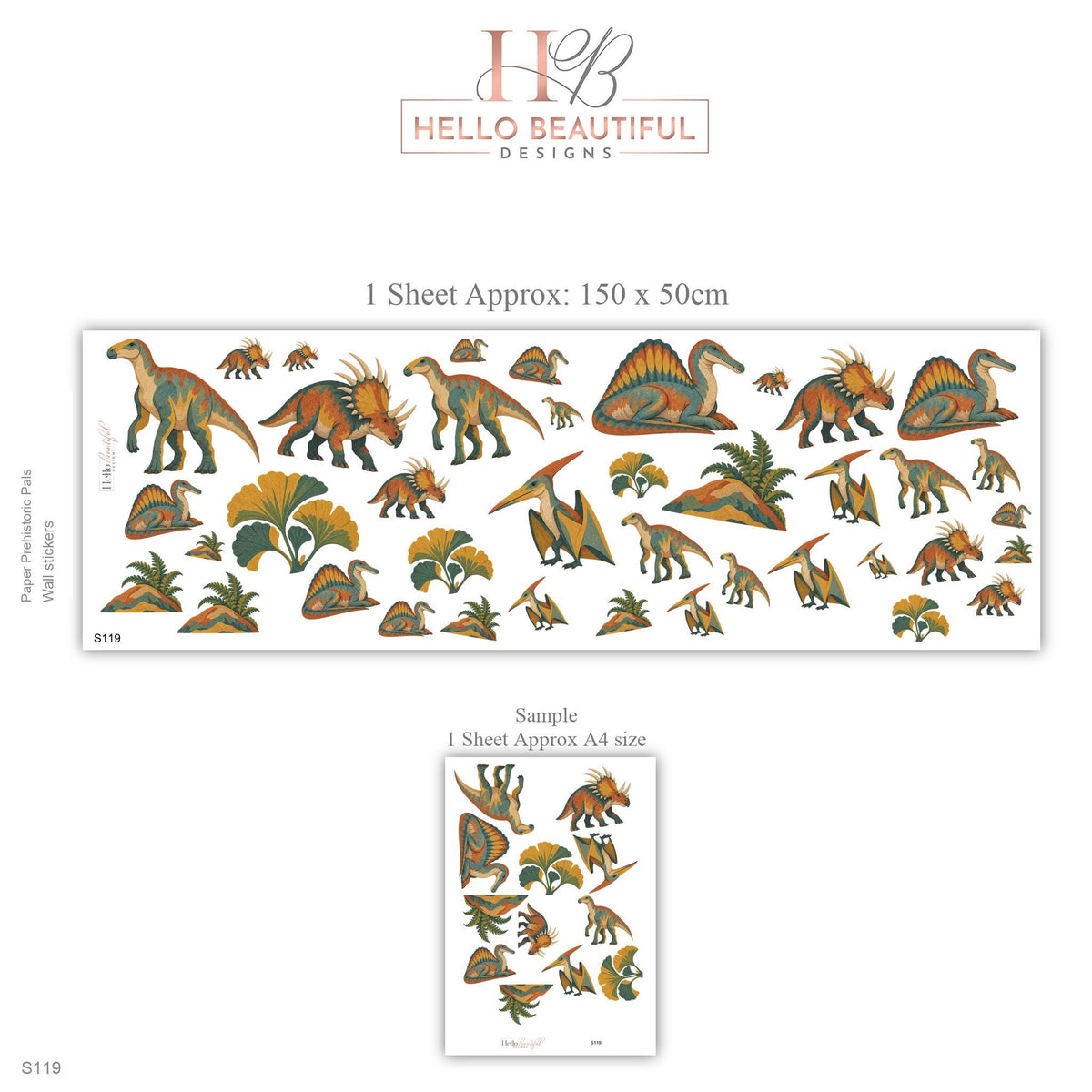 Dinosaur Wall Stickers, Paper Cut Dino Nursery Decor, Pterodactyl Dinosaur Wall Decals, Boys Kids Room Teal Mustard Peel and Stick Wall Art