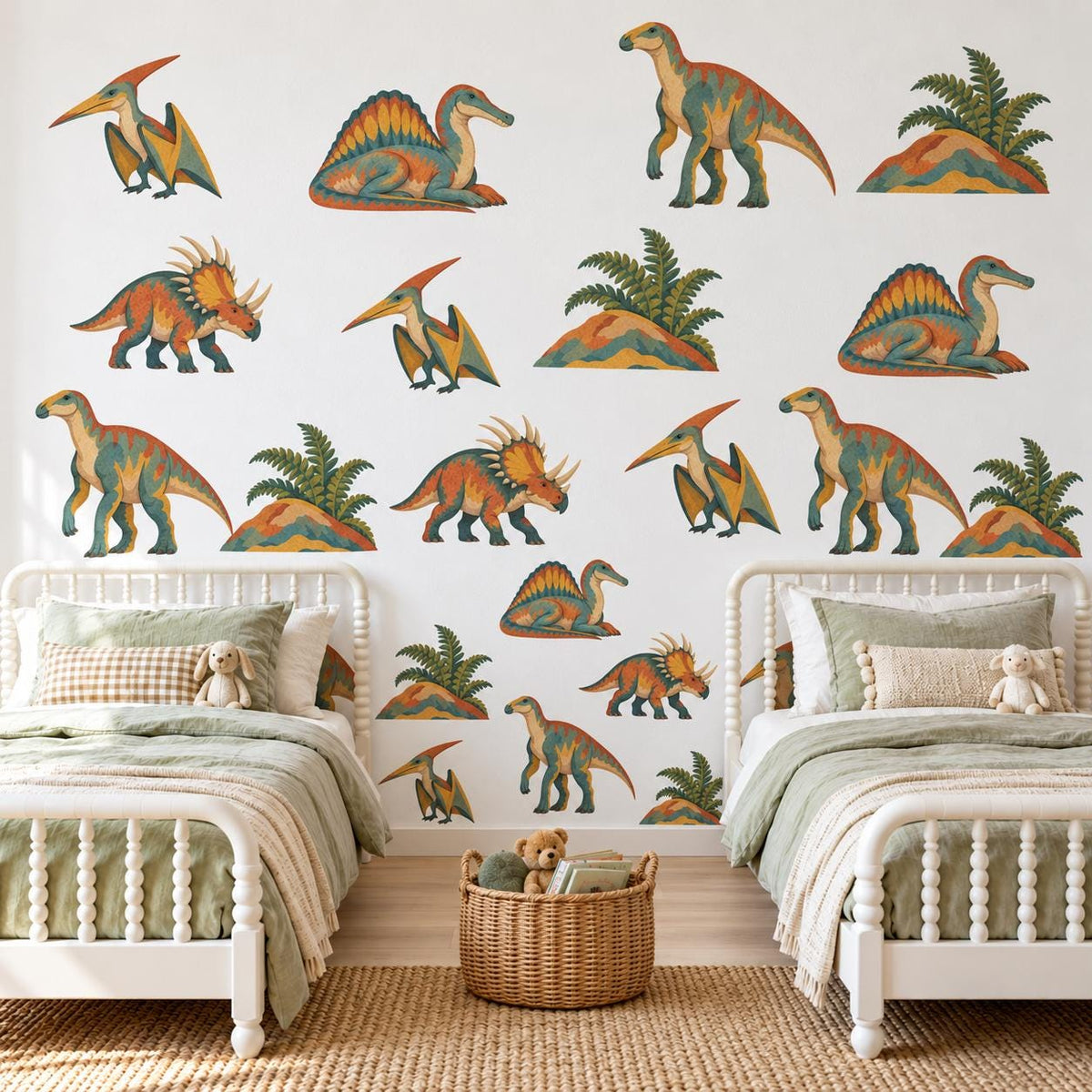 Dinosaur Wall Stickers, Paper Cut Dino Nursery Decor, Pterodactyl Dinosaur Wall Decals, Boys Kids Room Teal Mustard Peel and Stick Wall Art
