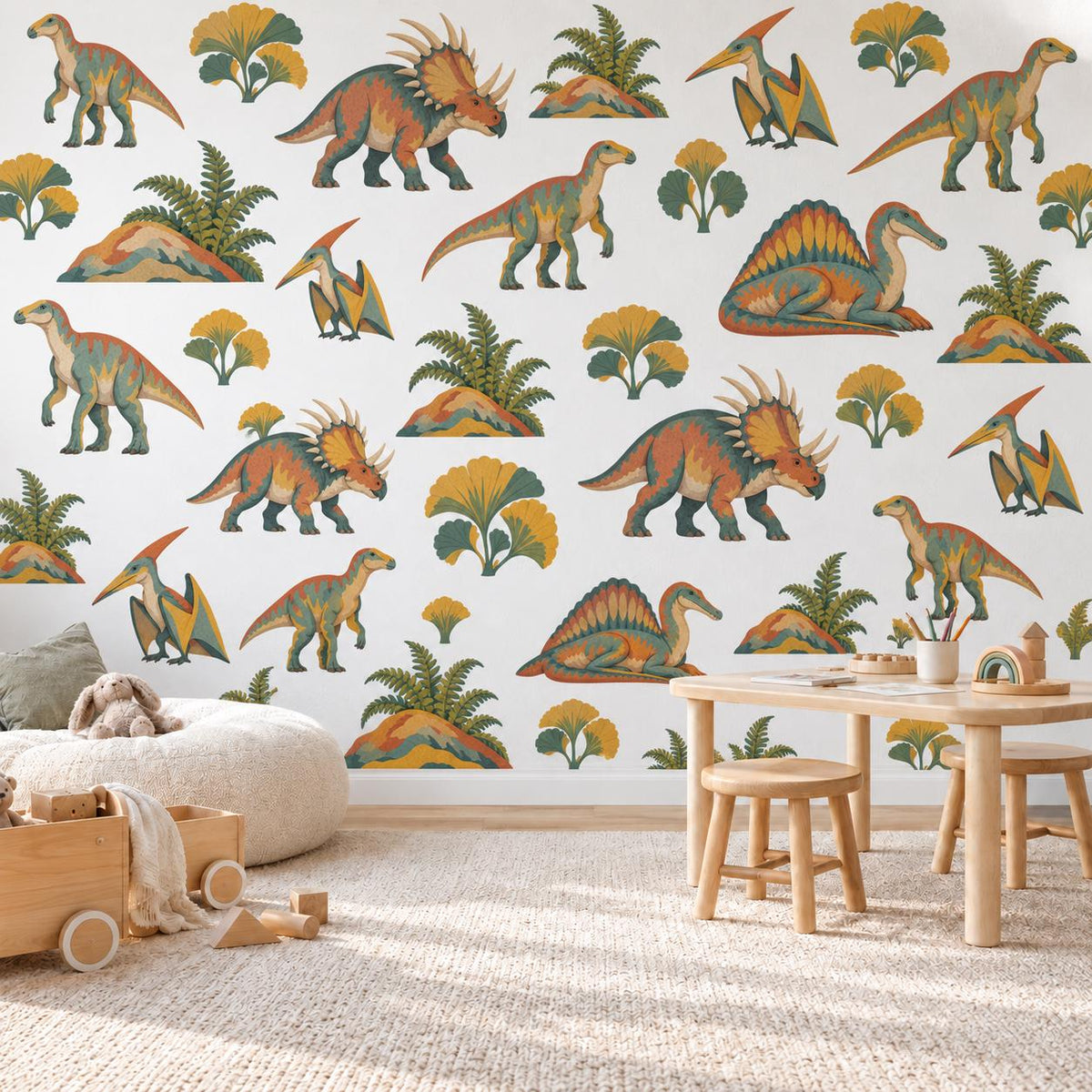 Dinosaur Wall Stickers, Paper Cut Dino Nursery Decor, Pterodactyl Dinosaur Wall Decals, Boys Kids Room Teal Mustard Peel and Stick Wall Art