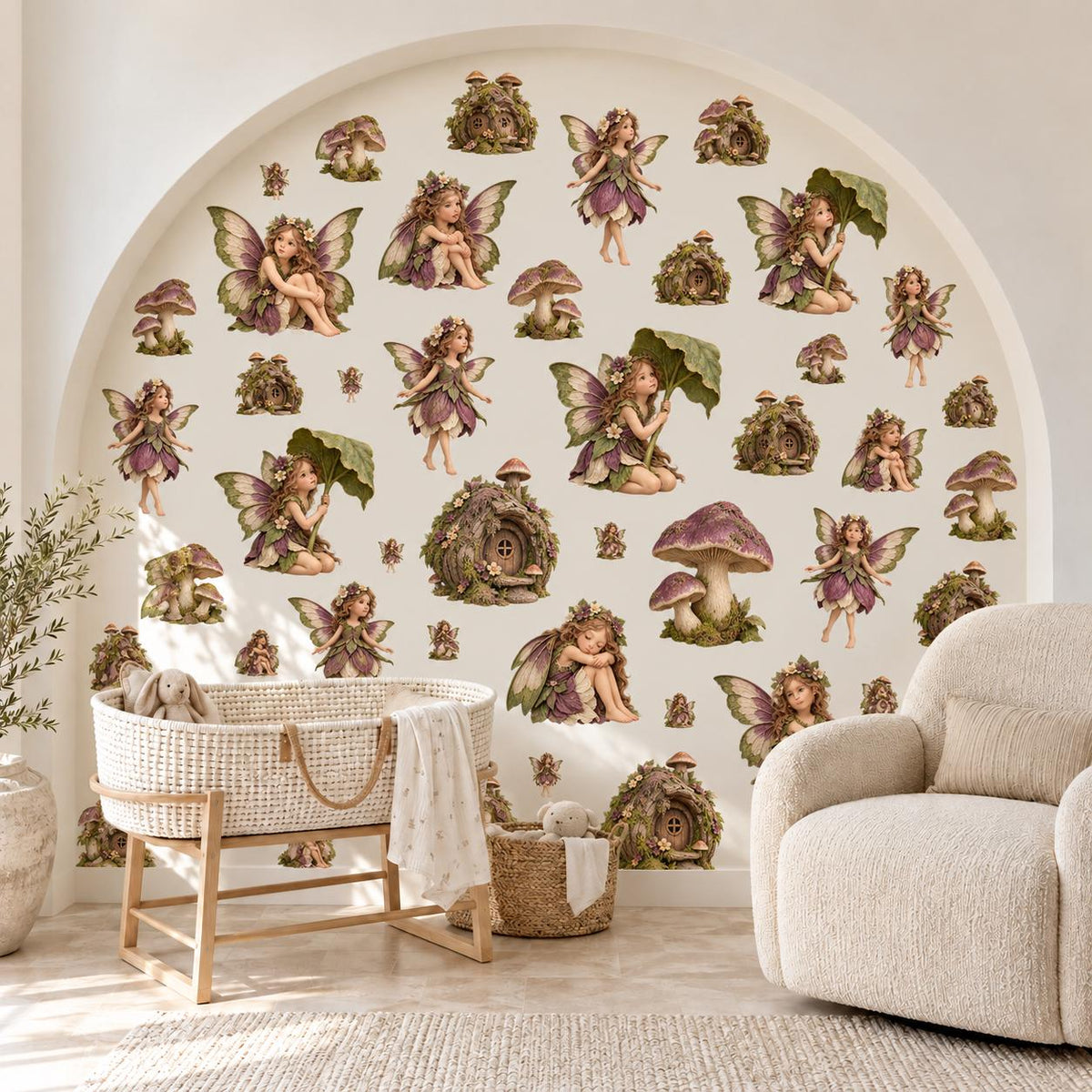 Fairy Wall Stickers, Woodland Fairy Nursery Decor, Mushroom Fairy House Wall Decals, Girls Kids Room Plum Moss Green Peel and Stick Wall Art