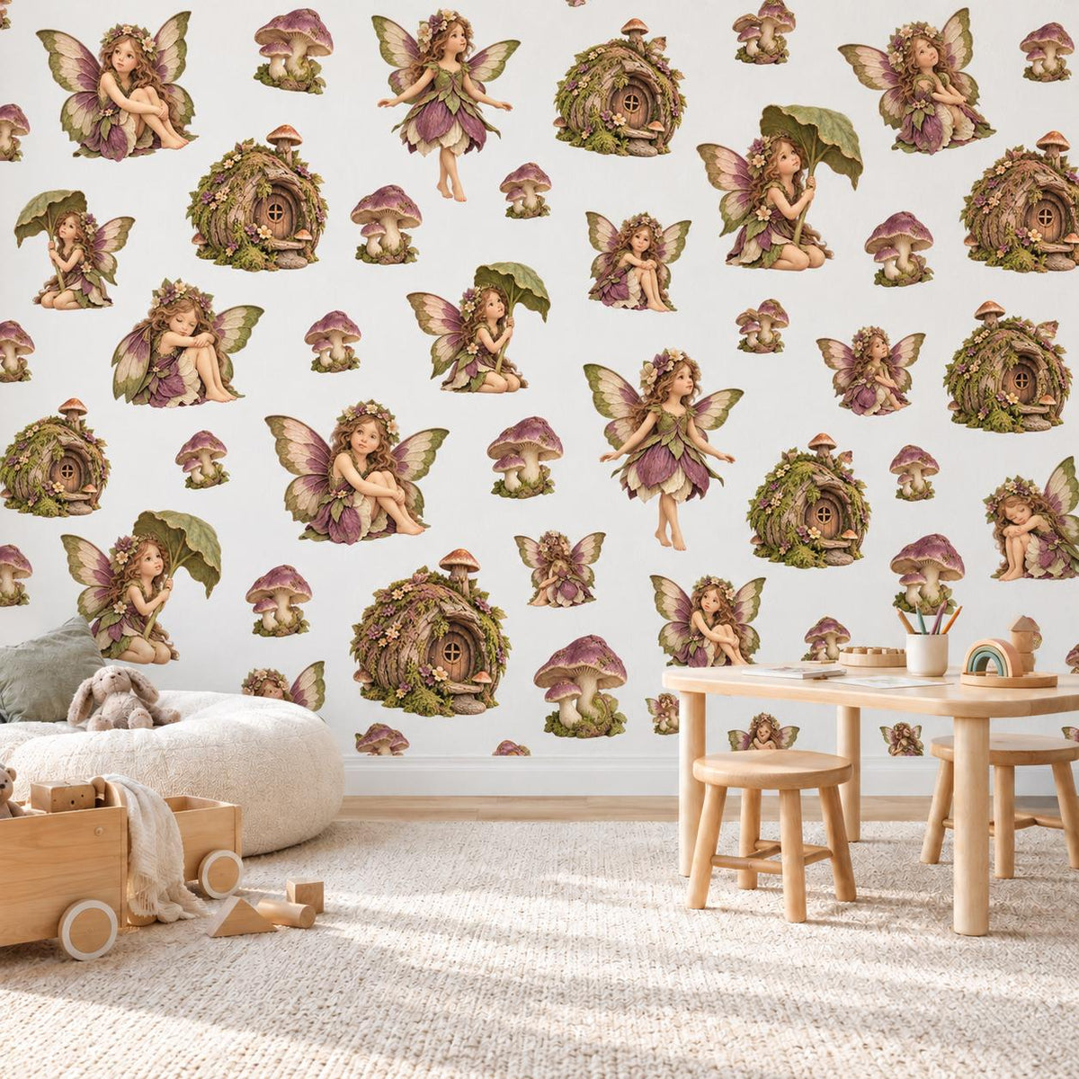 Fairy Wall Stickers, Woodland Fairy Nursery Decor, Mushroom Fairy House Wall Decals, Girls Kids Room Plum Moss Green Peel and Stick Wall Art