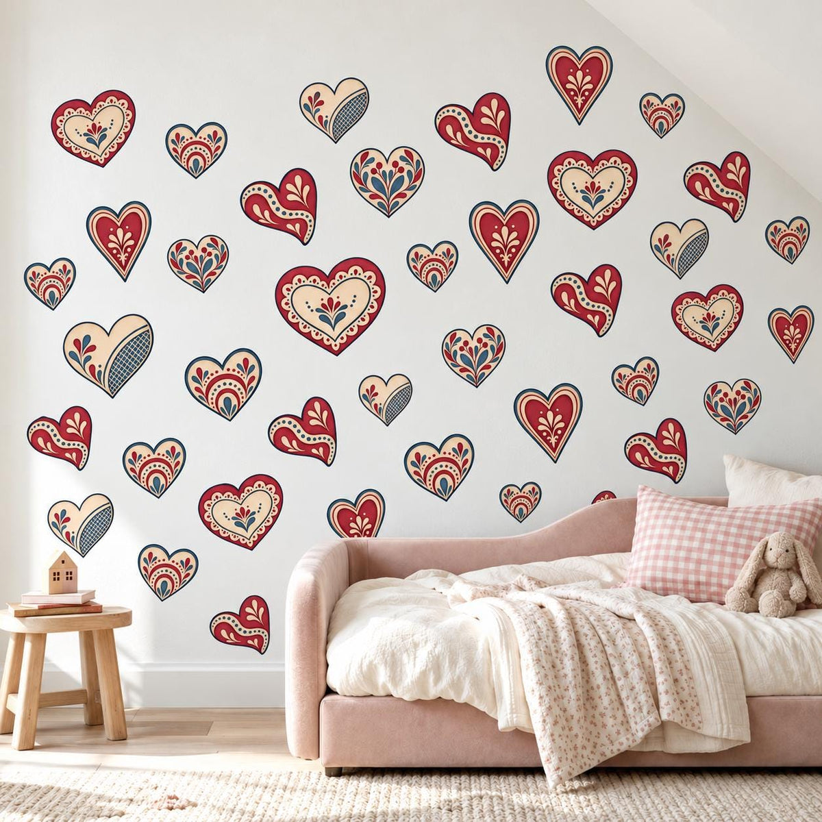 Heart Wall Stickers, Folk Art Heart Nursery Decor, Red Navy Scandi Heart Wall Decals, Girls Kids Room Valentine Peel and Stick Wall Art