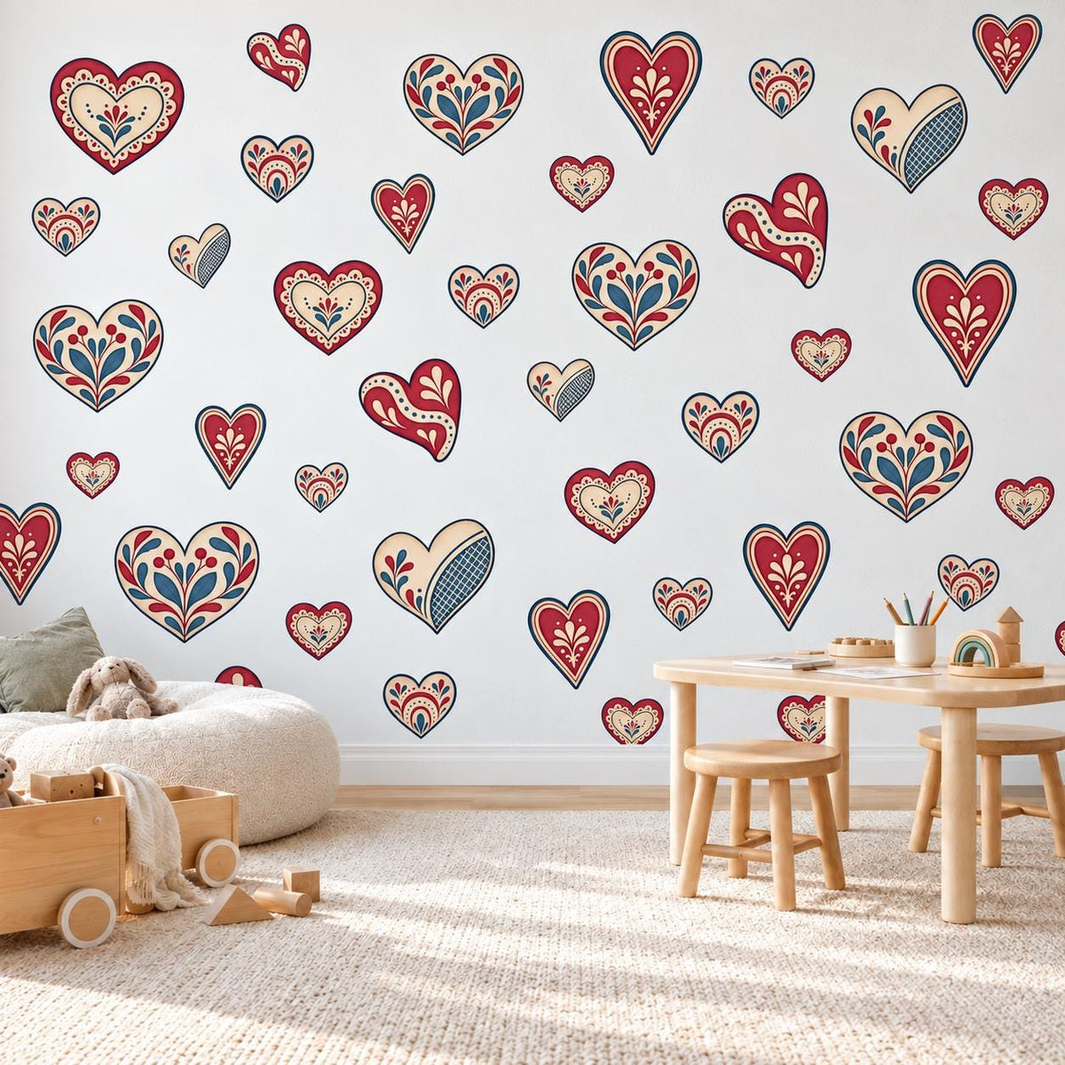 Heart Wall Stickers, Folk Art Heart Nursery Decor, Red Navy Scandi Heart Wall Decals, Girls Kids Room Valentine Peel and Stick Wall Art